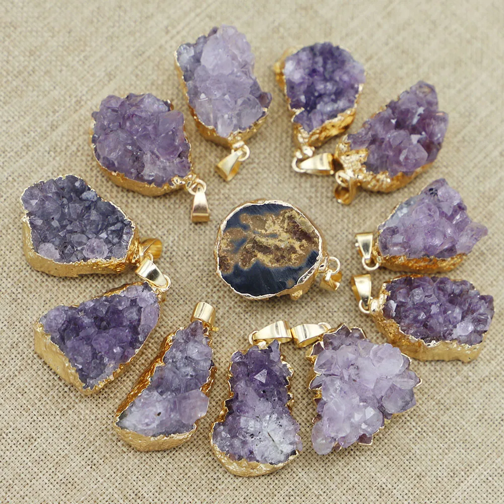 Free Shipping Natural Raw Stone Irregular Amethyst Pendant Fashion Gold Rim Necklace DIY Trend Jewelry Gifts Wholesale 8Pcs/Lot