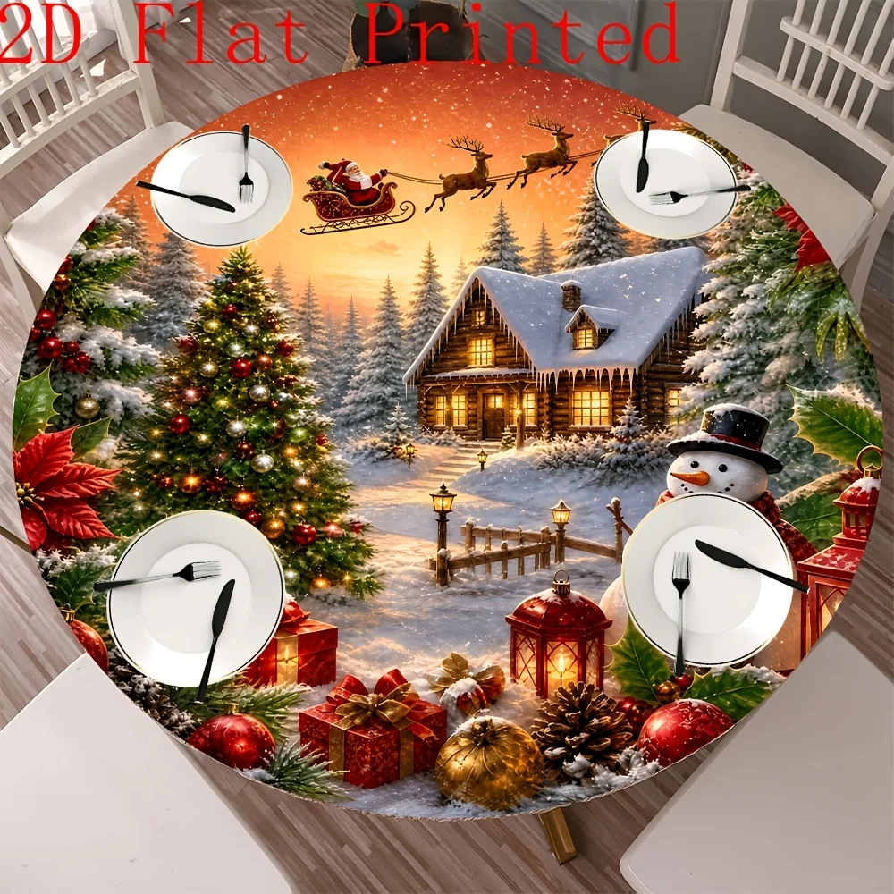 winter igloo, Christmas tree, snowman, reindeer, Christmas round table tablecloth, Christmas winter table round tablecloth