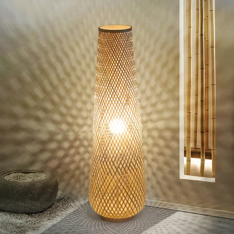 Japanese Style Floor Lamp Bamboo Weave Wood Cylinder Tea room Parlor Bedroom Floor Lights Strange Light E27 LED 110-220V