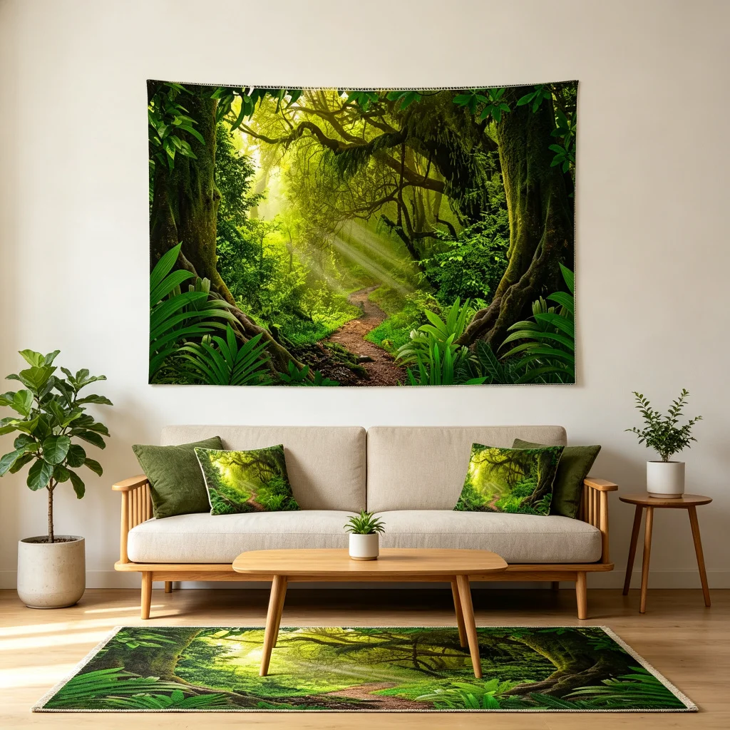 1PC Green Forest Sunlight Path Print Backdrop Banner, Bedroom Living Room Photo Background, Polyester, Home Decor, Wall Art