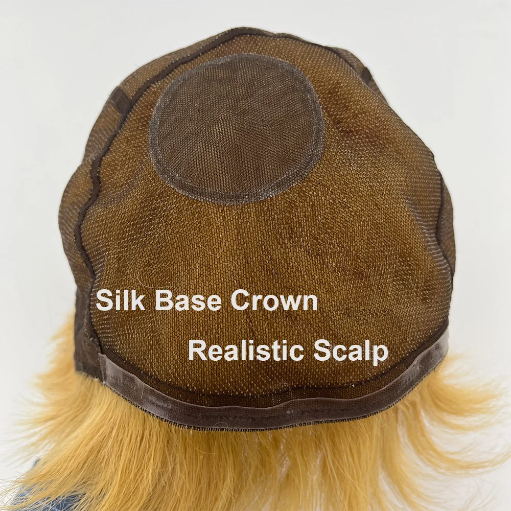 شعر مستعار بشري قصير بقص عابث # 27 تاج قاعدة من الحرير الأشقر العسلي، مموج طبيعي، دانتيل سويسري رفيع، أمامي مسامي لأسلوب النساء