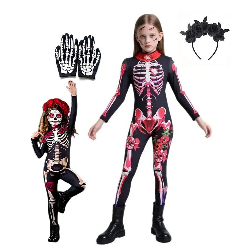 Kids Adult Floral Skeleton Jumpsuit Halloween Day Of The Dead Cosplay Dress Costume Skeleton 3D Printed Trick or Treat Outfit