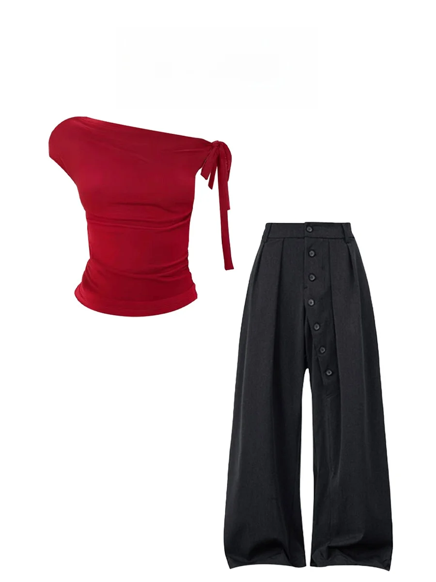 

Летний комплект Parkyeon: американский ретро-топ с одним открытым плечом и коротким рукавом, а также повседневные прямые брюки с высокой талией для стройности фигуры