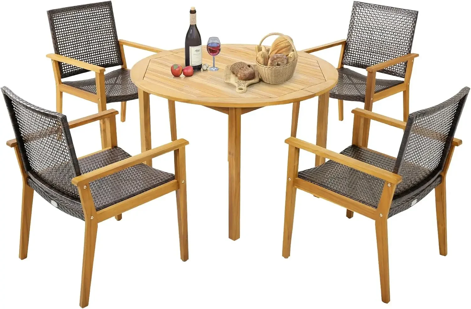 

Tangkula 5 Pieces Patio Dining Set, 4 Patio Wicker Armchairs and Round Acacia Wood Dining Table, Outdoor Table and Chairs Set fo