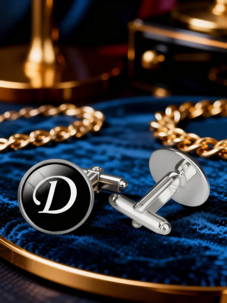 Glass Cuff Link for Men Copper Plated Smooth Surface Lightweight Sleeve Button Round Design D Letter Pattern Easy Clean Collar