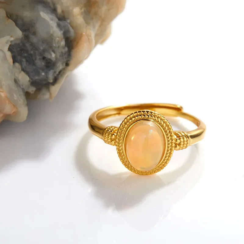 Cross-border European and American S925 silver ring women's inlaid natural opal colored gemstone egg surface open ring ins