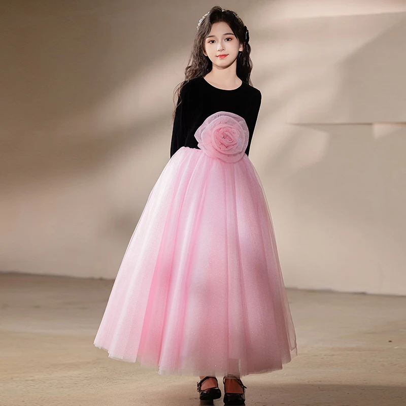 Girls dress black velvet long sleeves floor-length birthday dinner princess dress fluffy tulle