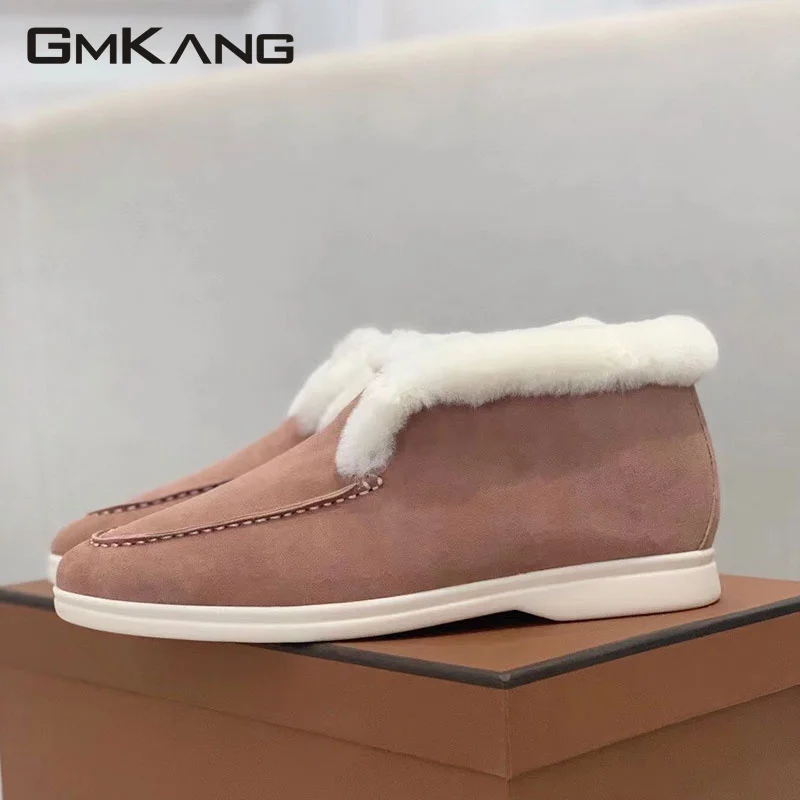 Winter High Top Fur Snow Boots Women Men Kid Suede Wool Warm Comfy Slip-On Walk Flat Shoes Ankle Boots Female Plus Size 35-45