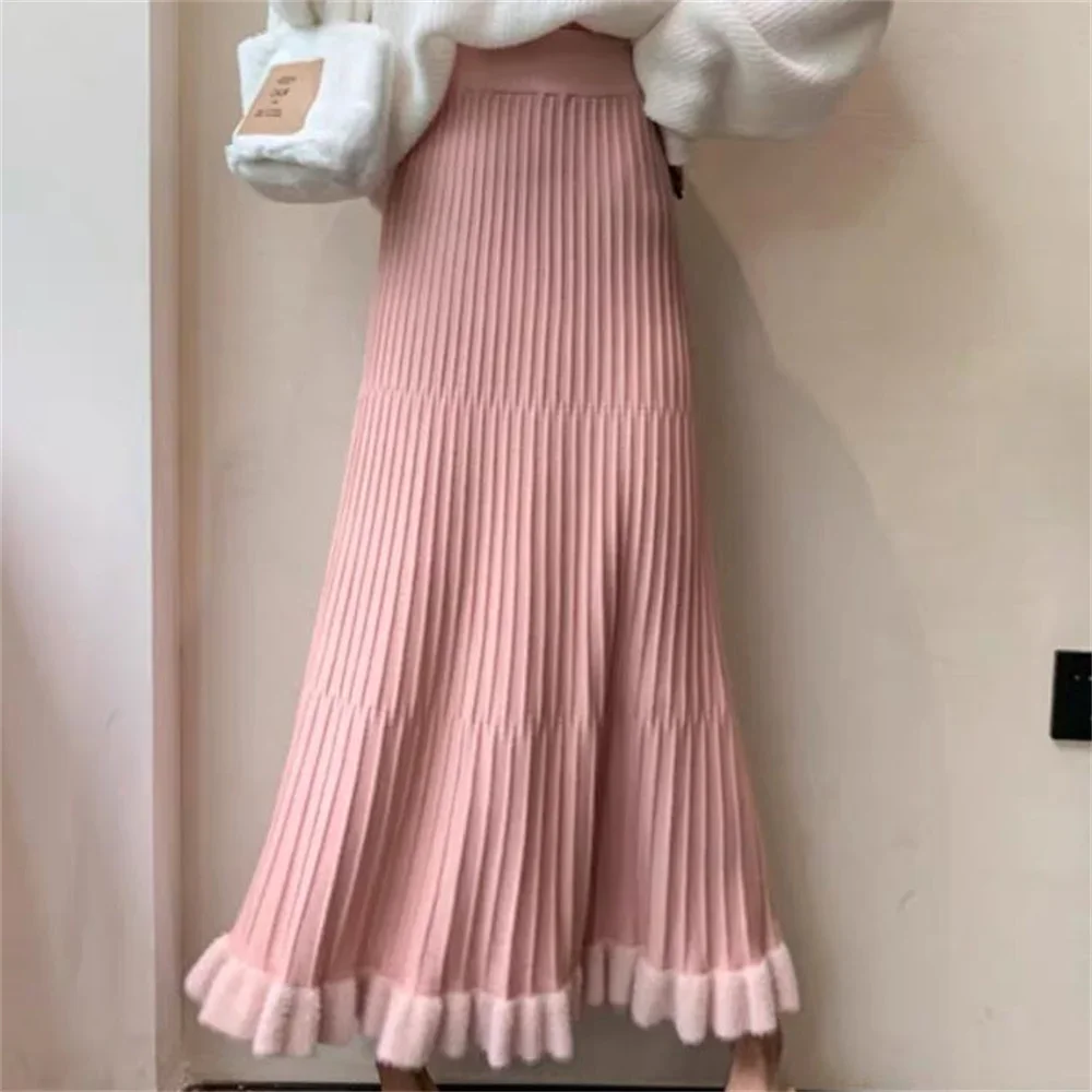 

Knitted Half Length Skirt Women Autumn Winter New Sweet Style A-line Elastic Waist Pleated Skirt Slim Woolen Skirt Pink Black