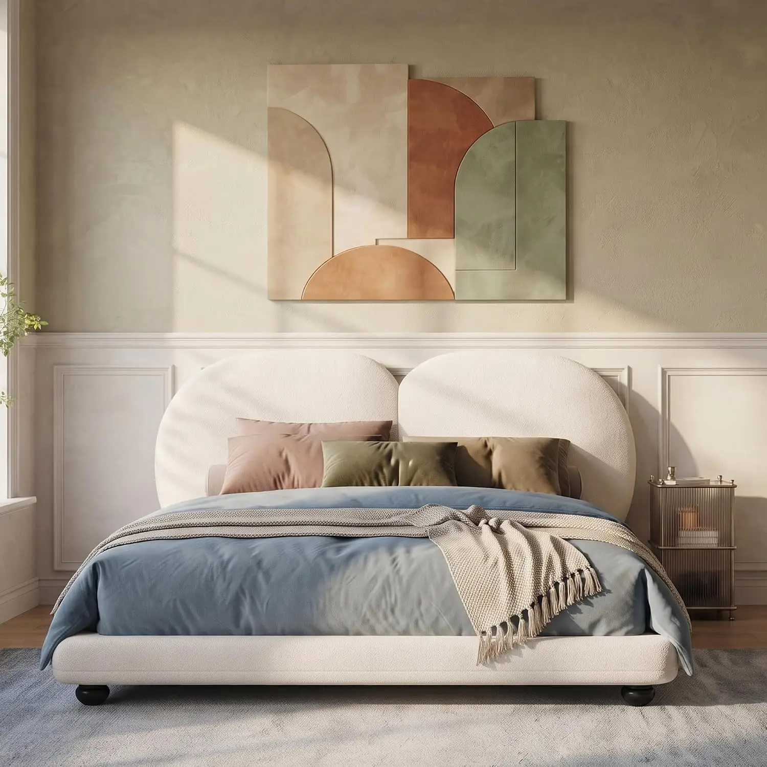 Queen Upholstered Platform Bed Teddy Fleece Split Curved Headboard 800Lbs No Box Spring, Customized