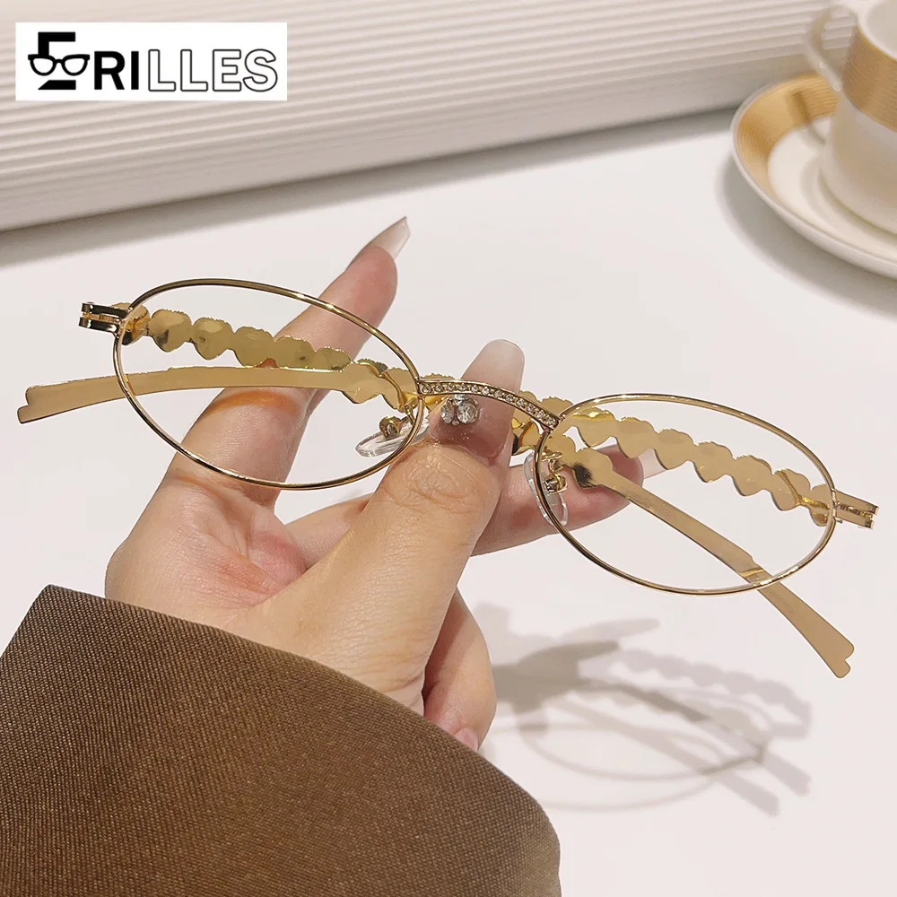 نظارات بيضاوية بإطار صغير، تصميم حافة كاملة من حجر الراين والدانتيل للحماية من الضوء الأزرق، طراز قديم خفيف الوزن
