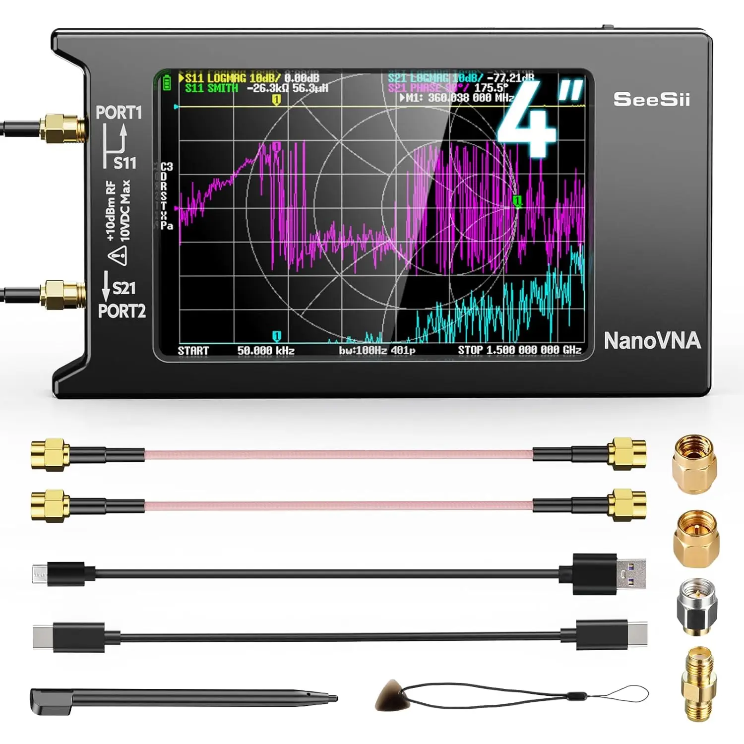 SEESII NanoVNA-H4 vectornetwerkanalysator met EVA-beschermhoes 4" touchscreen VNA-kit 10kHz-1,5GHz voor S-parameters VSWR - afbeelding 1