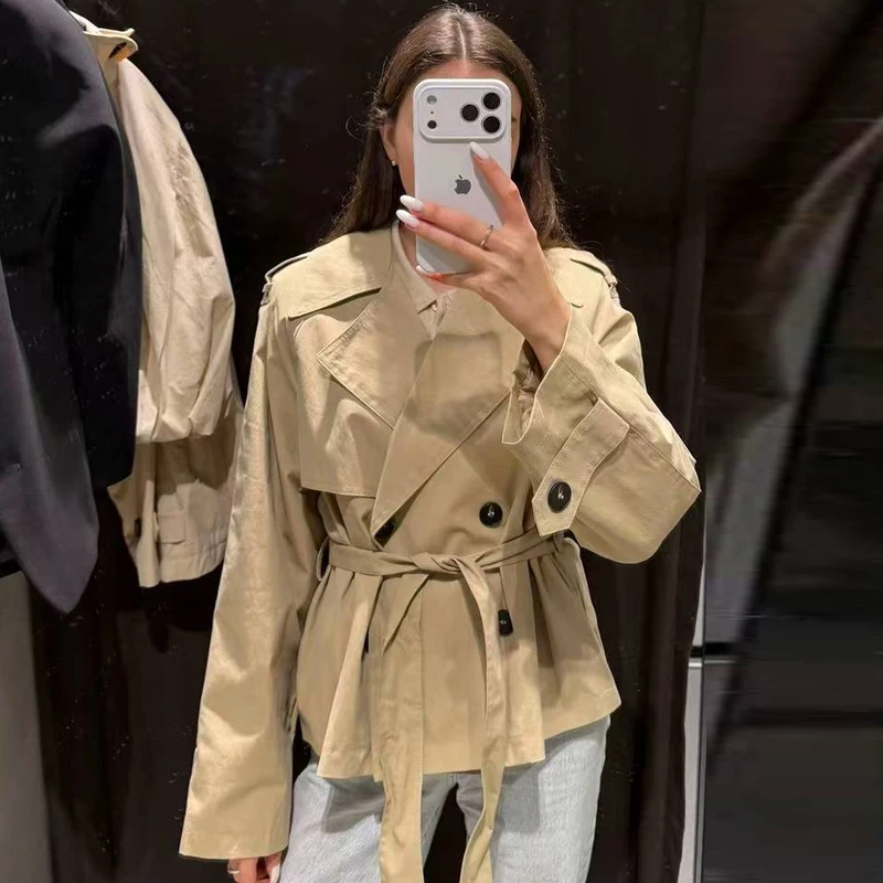 HXAO Crop Khaki-Jacke, Damenjacke, Herbst, Langarm, Schulterpolster, doppelreihig, mit Gürtel, kurzer Trenchcoat, modische Oberbekleidung – Detail 8