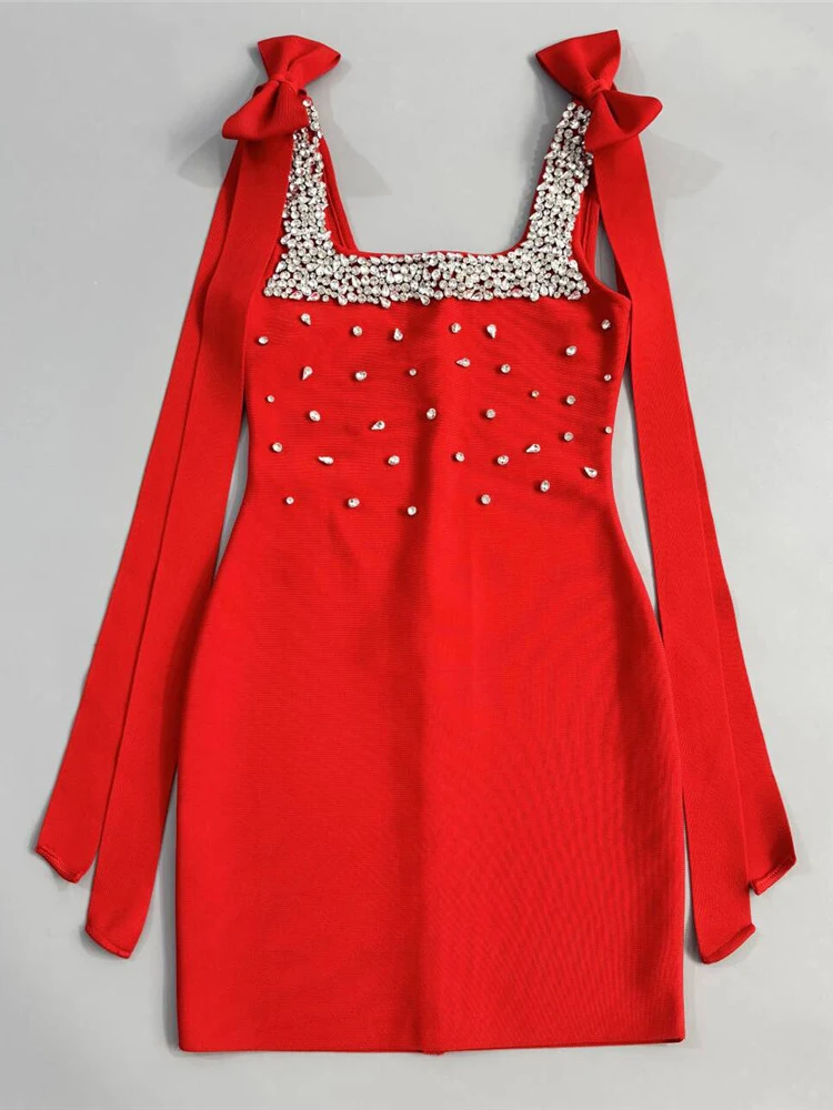 Seksowna czarna obcisła sukienka bandażowa z diamentami i sznurowaniem – Sukienka na spotkania świąteczne i randki, Vestidos