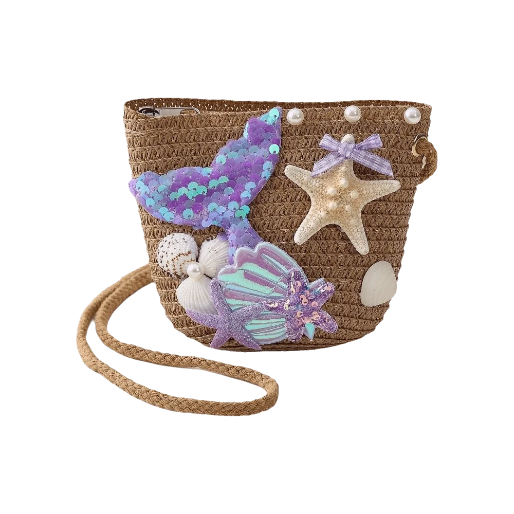 Fashionable Match Straw Woven Mermaid Crossbody Bag Breathable Durable Slant Cross Bag Cartoon Sequins Shoulder Bag Girls