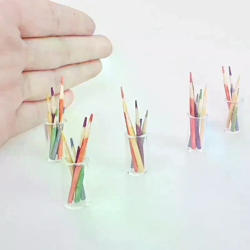 6Pcs Doll House Learning Scene Accessories 1:12 Dollhouse Miniature Small Pen Cup Holder With Color Pencil