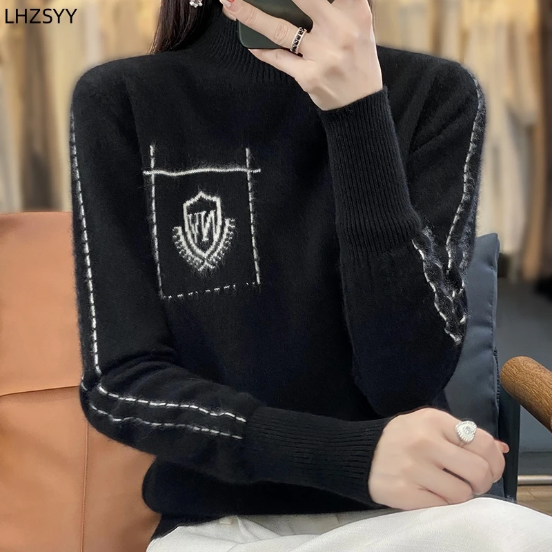 LHZSYY 100%Merino Wool Sweater Women Jacquard Loose Pullovers Autumn Winter Half-high-Neck Fashion Tops Cashmere Knit Base Shirt