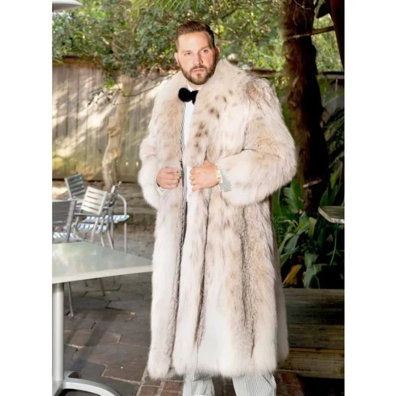 Fur Coat for Men Medium Length Bobcat Leopard Print Artificial Fur Fox Fur Coat for Men