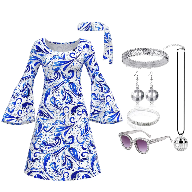 ملابس ديسكو 6070s للنساء فستان مطبوع مجموعة أزياء هيبي مخدر لحفلات الهالوين #6
