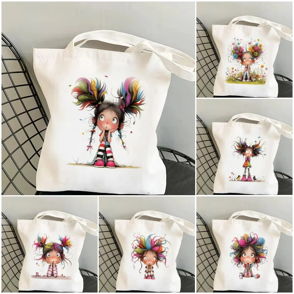 Cute Quirky Girl Doll Pattern Canvas Tote Bag - Stylish and Durable Shoulder Bag for Everyday Use, Ideal for Trendy Fashionistas