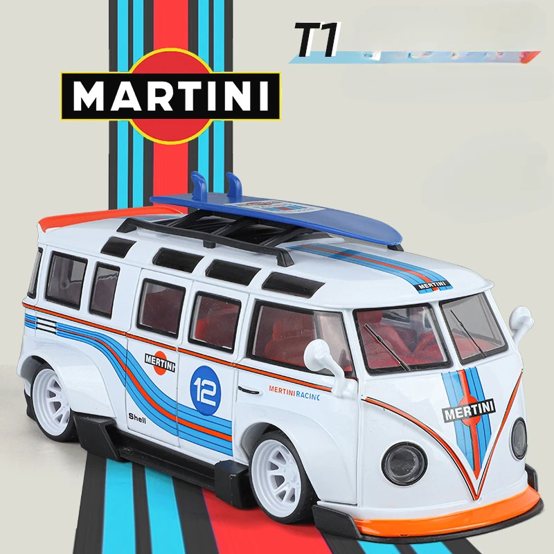 1:24 فولكس واجن T1 حافلة سبيكة سيارة تعديل مركبة مارتن سبيكة سيارة نموذج دييكاست المعادن الصوت والضوء ألعاب أطفال سيارة هدية ﻿
