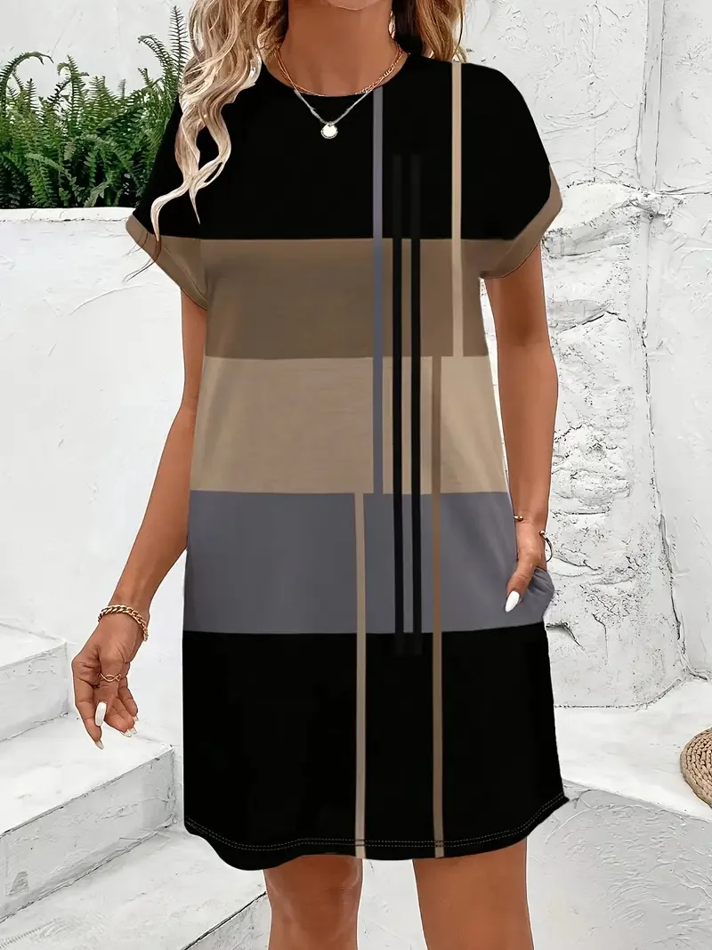 المرأة مخطط طباعة فضفاضة خمر جيب فستان قصير أنيق بوهو عادية حفلة ميدي كم قصير ركاب تي شيرت فساتين #6