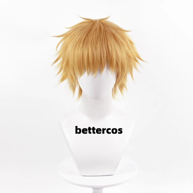 High Quality Denji Cosplay Wig Golden Short Heat Resistant Synthetic Hair Halloween Anime Cosplay Wigs + Wig Cap