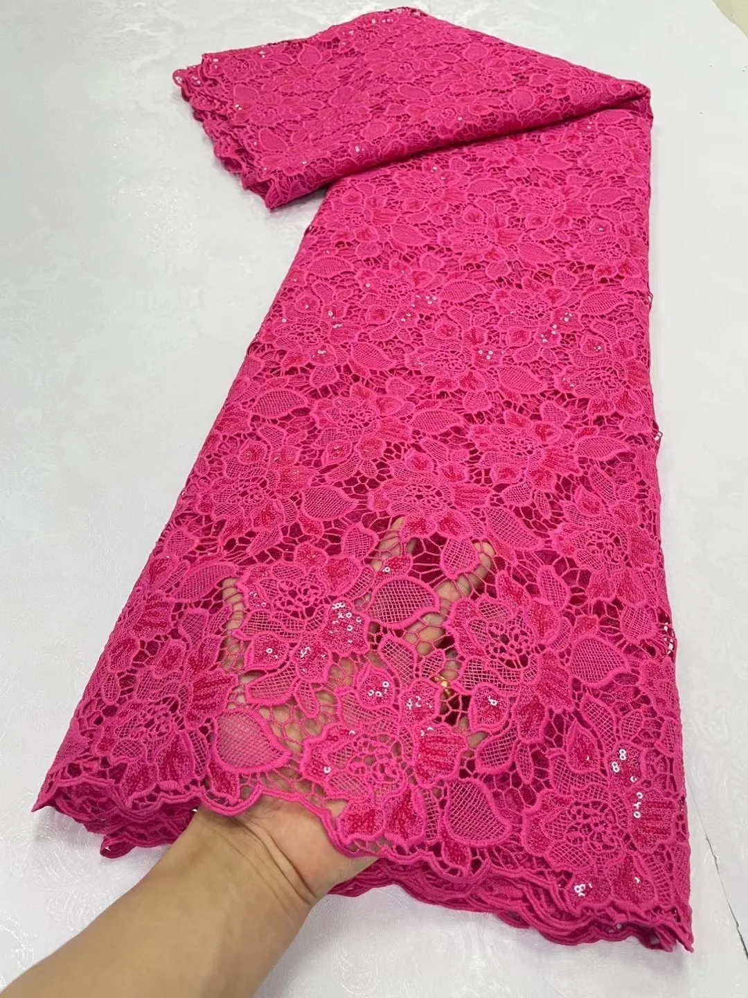 

New Arrival African Guipure Cord Lace Fabric High Quality Red Nigerian Water Soluble Lace With Sequins For Wedding Party Sewing