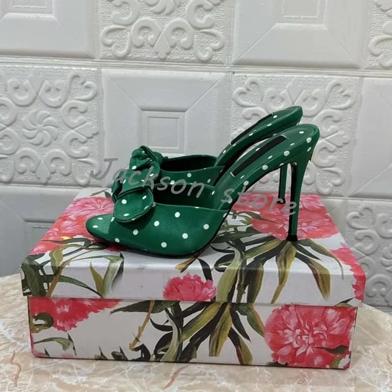 ريترو الأخضر رصدت الحرير عالية الكعب النعال للنساء لباس خارجي موضة القوس الجلود الصيف الصنادل الراحة المفتوحة الأصابع سيدة الأحذية