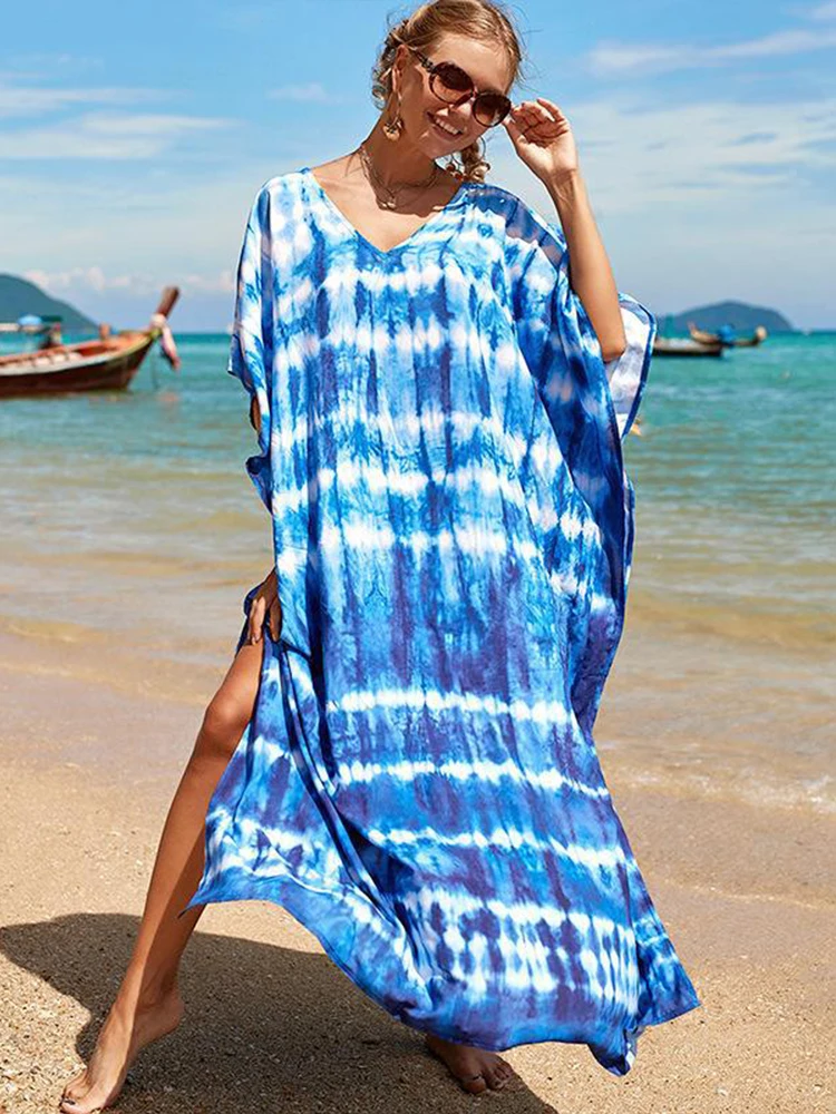Vestido de cobertura grande com estampa colorida para mulheres 2025 estilo tie dye decote em v solto proteção solar festa de férias boho coverups dres