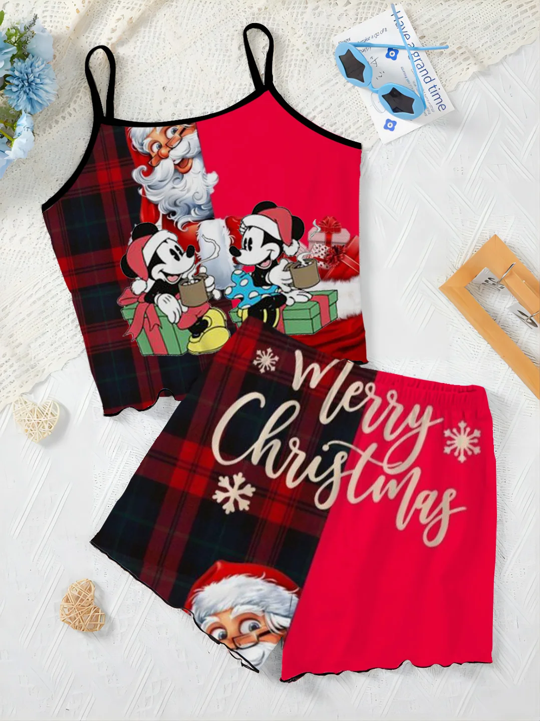 Elegant ผู้หญิงชุดชุดเดรส Disney Mickey Top ชุดนอนกระโปรงผักกาดหอม Trim คริสต์มาส Minnie Mouse เสื้อยืดชิ้นชุดสั้นด้านบน