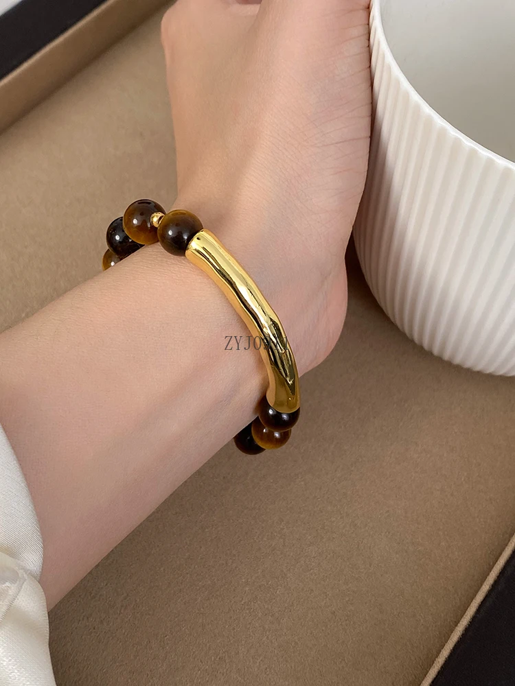 Semplice braccialetto elastico regolabile con distanziatore di perline di bambù retrò radiano, gioielli premium