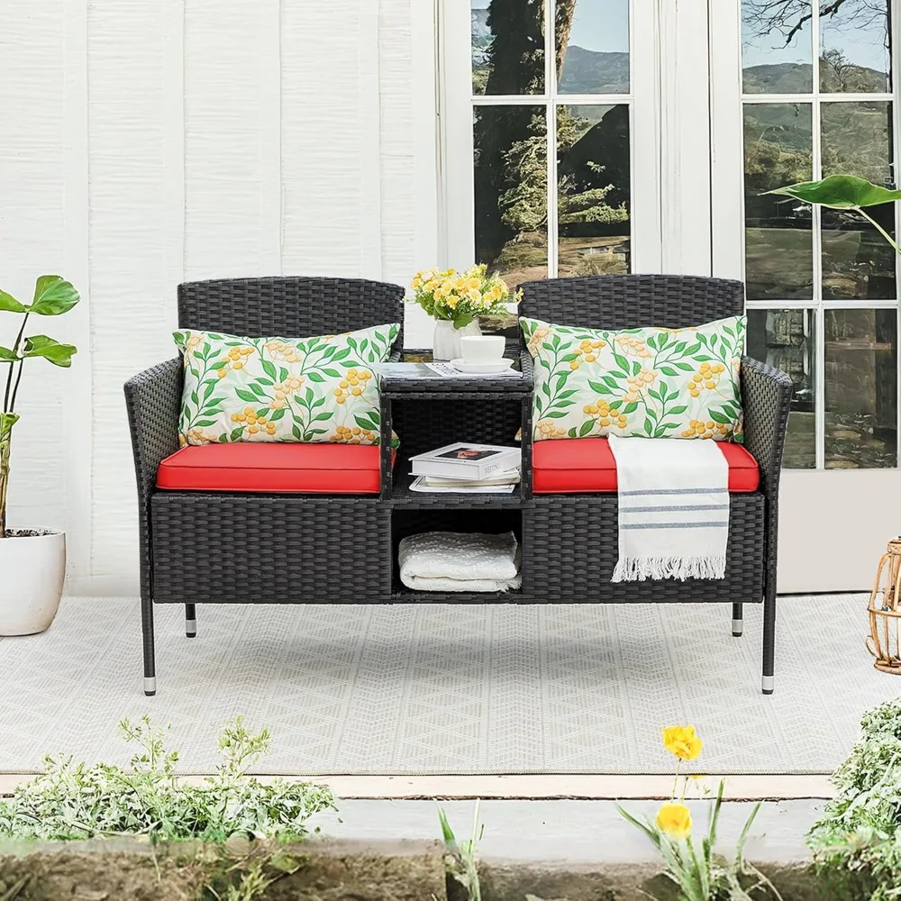 Outdoor Patio Chair,  Modern Rattan 2-Seat Patio Conversation Set with Cushions & Built-in Coffee Table Porch Furniture