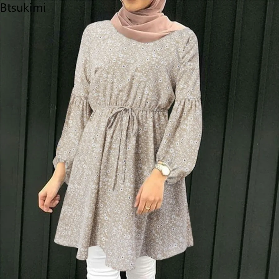 2024 Muslim Fashion Long-sleeved Casual Blouse Women\'s O-neck Floral Print Elegant Lace-up Tops Women Islamic Clothes Mini Dress