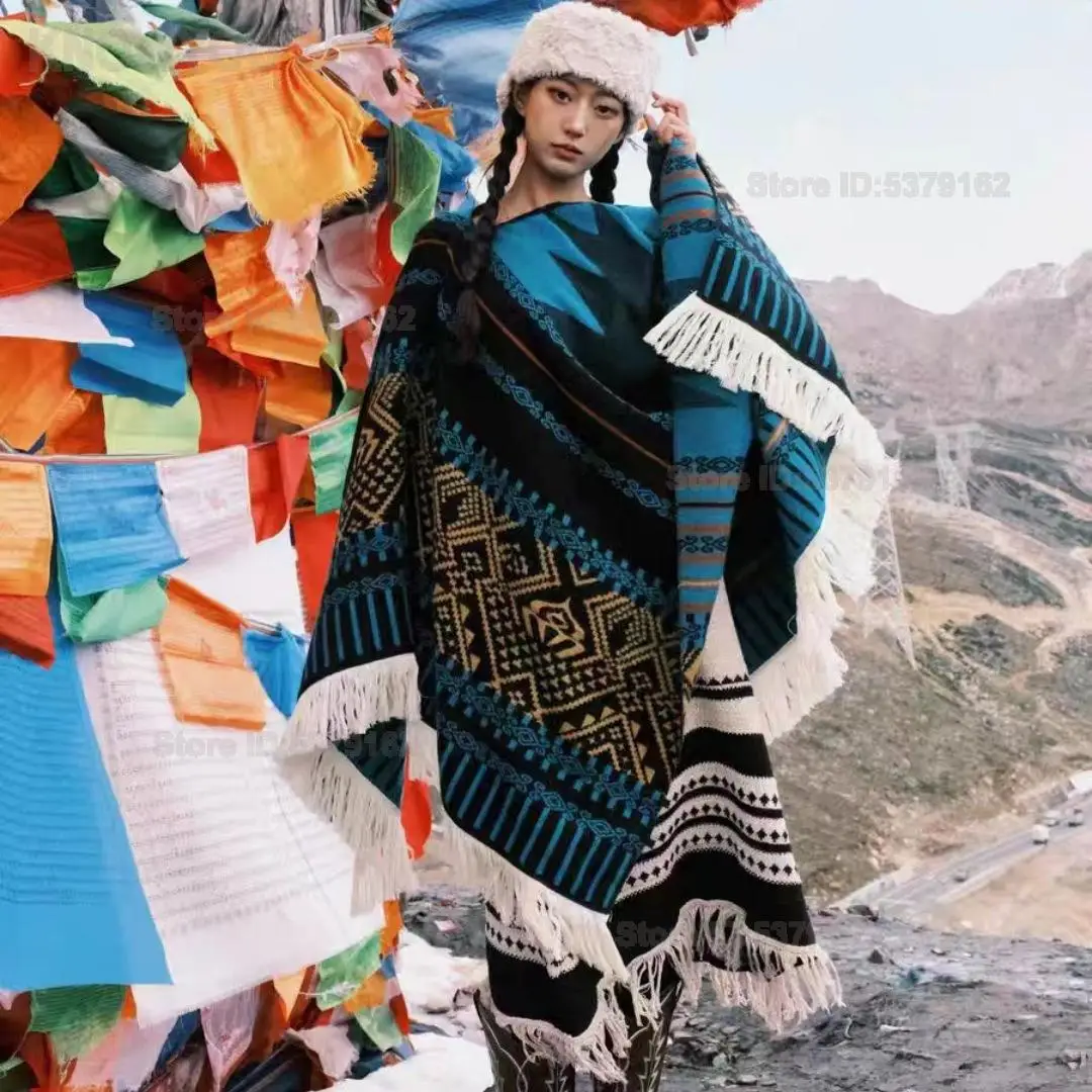 

Women's Fringed Ethnic Pullover Knit Big Cloak Soft Warm Large Shawl Cape Stylish Ethnic Outerwear with Tassel