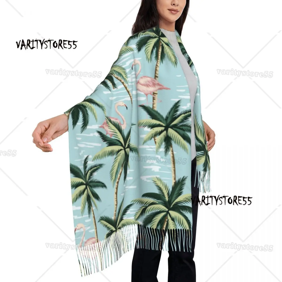 Personalized Printed Tropical Vintage Pink Flamingo And Palm Trees Long Pile Fringe Men Scarf Women'S Anti Chill Scarf