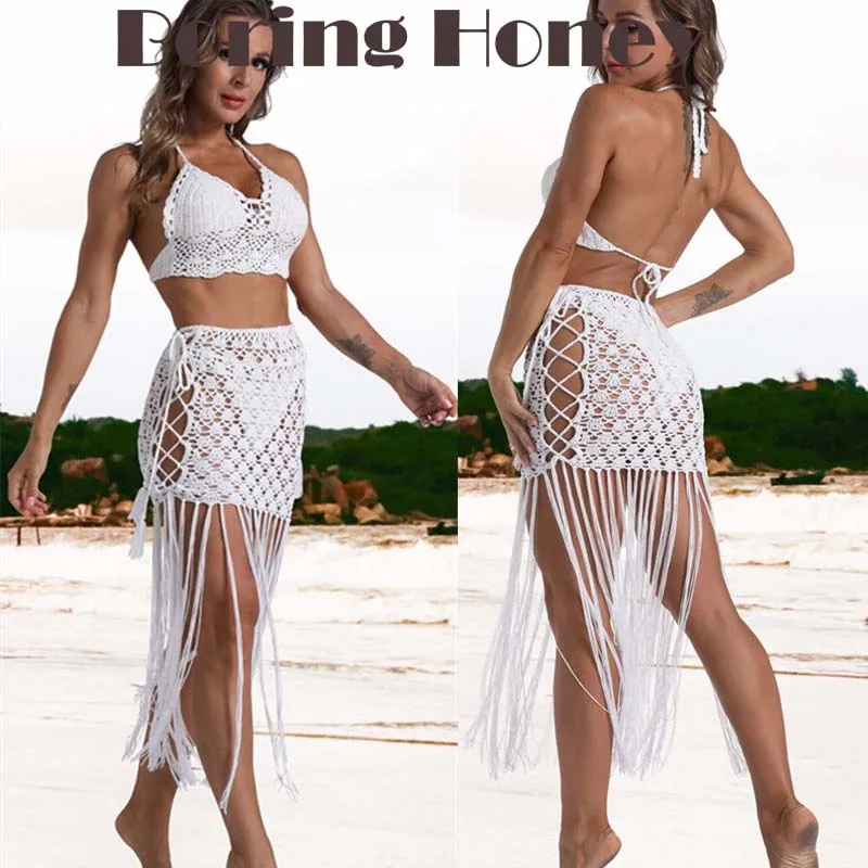 

Boring Honey Women 2/3 Piece Bikini Set Handmade Crochet Swimsuit Tassel Fringe Beach Long Dress Swimwear Cover Up Bathing Suit