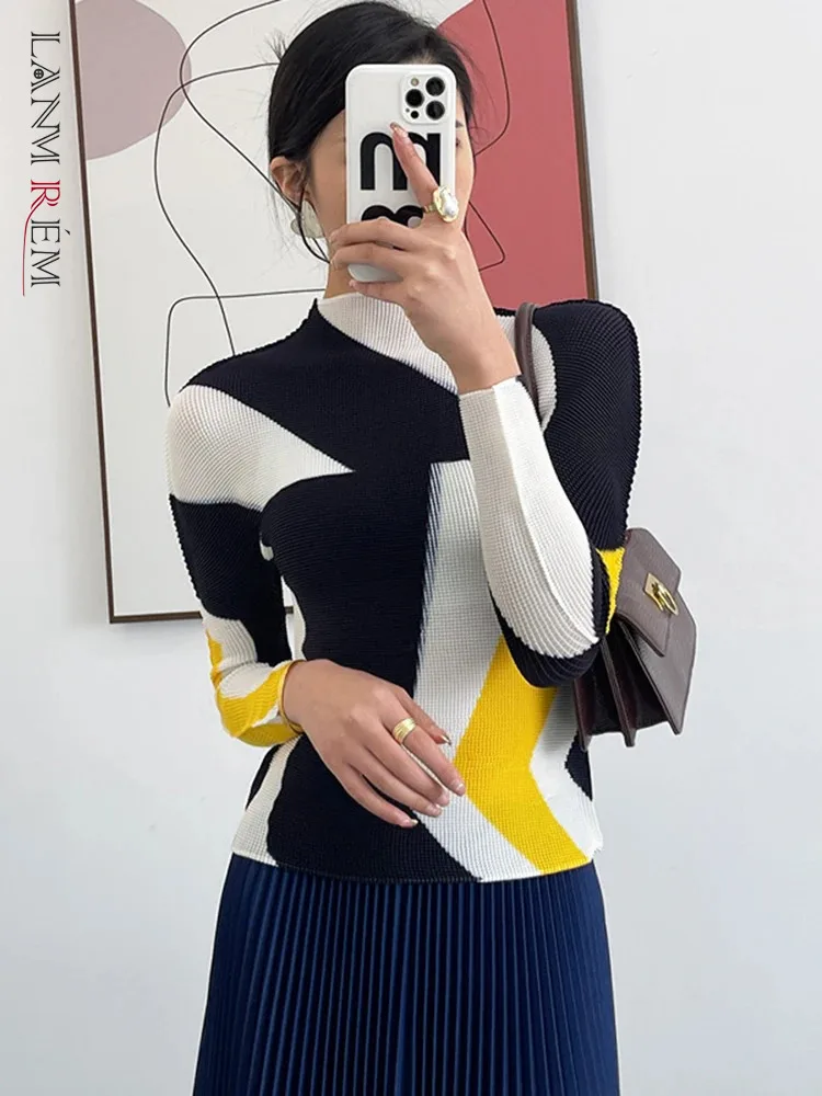 

LANMREM Print Contact Color Pleated T-shirt Turtleneck Collar Long Sleeve High Stretch Tops Female Clothes 2024 Spring 2YA252