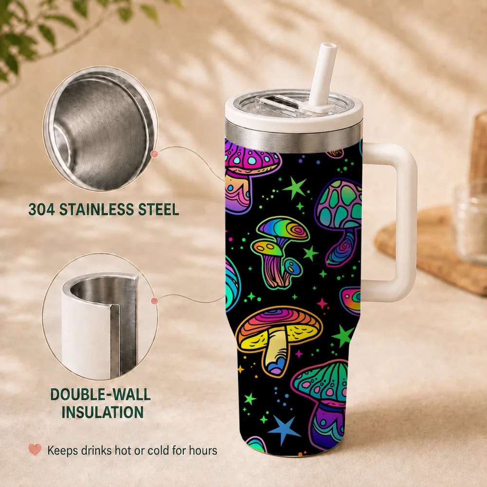 Colorful Groovy Mushroom Pattern Vacuum Flasks 40oz Insulated Stainless Steel Tumbler Leakproof Straw Lid & Grip Travel Cup