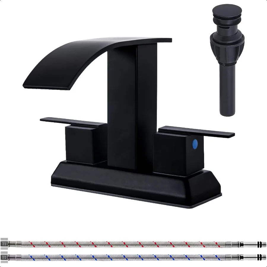 

Matte Black Bathroom Faucet4 Inch Waterfall Centerset Bathroom Sink Faucets Two Handles Basin Faucet with Metal Pop up Drain an
