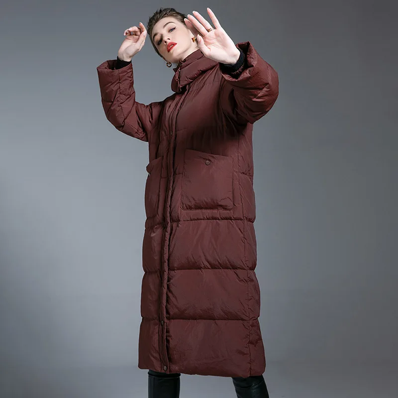 Women's Winter New Loose Fit Long Hooded 90 White Duck down Jacket Style Windproof Warm Outerwear Comfortable Casual Style