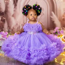 Roxo inchado vestido da menina de flor para o casamento tule frisado elegante applique bebê princesa aniversário noite primeira comunhão vestido