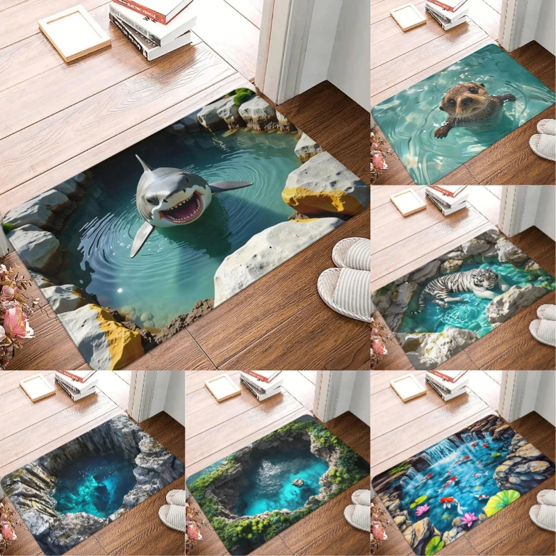 3D Shark Visual Illusion Doormat Ocean Animal Pattern Non Slip Entrance Mat Funny Prank Floor Rug for Home Entryway Decor