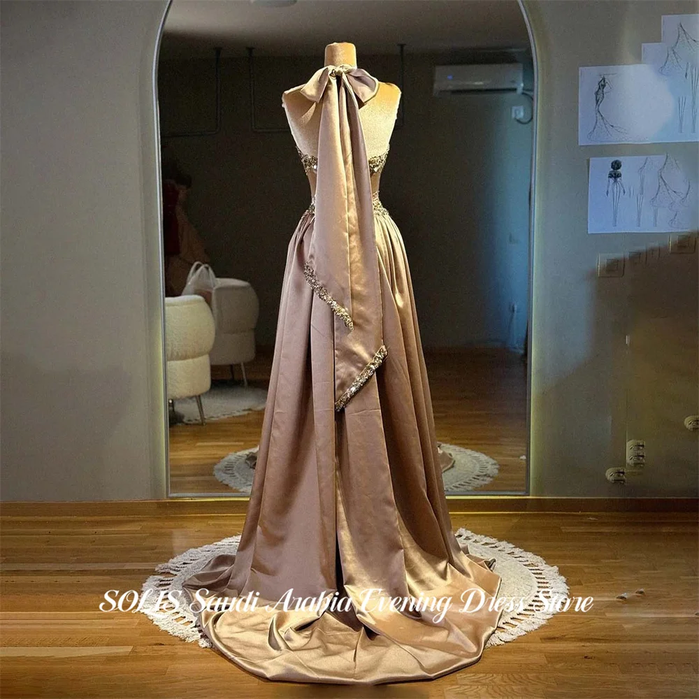 

SOLIS Champagne Prom Dresses Halter Neck Gala Dresses Sexy Open Back Saudi Arabic Beading On Chest Evening Party Gown Customized