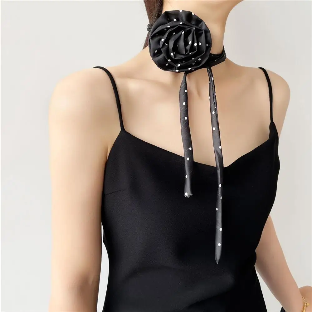 Fashion Polka Dot Necklace Scarf Rose Flower Faux Silk Women's Long Ribbon Belt Leopard Print Thin Ribbon for Women