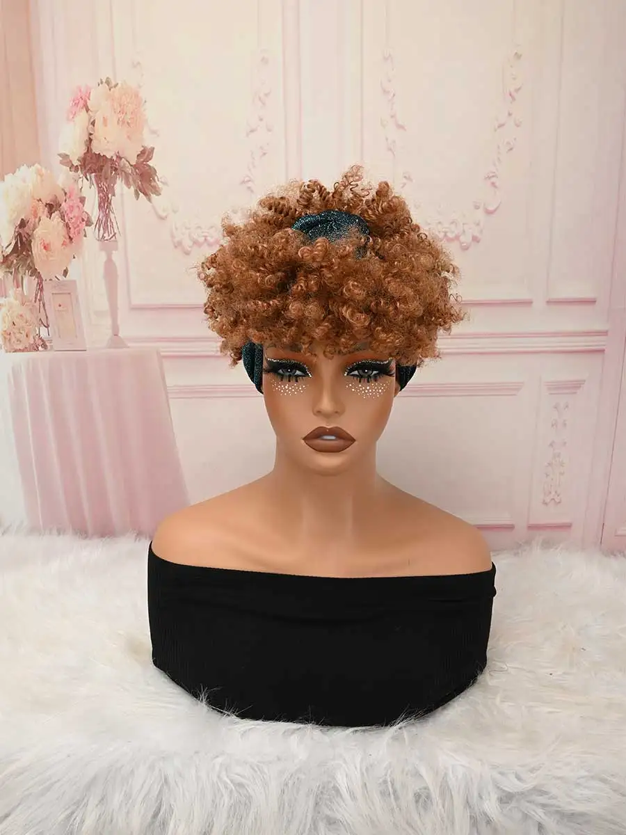 Sparkly Turban Afro Puff Curly Synthetic Wig No Lace Easy Install Bouncy Short Curls Wig for Dating Daily Holiday Parties