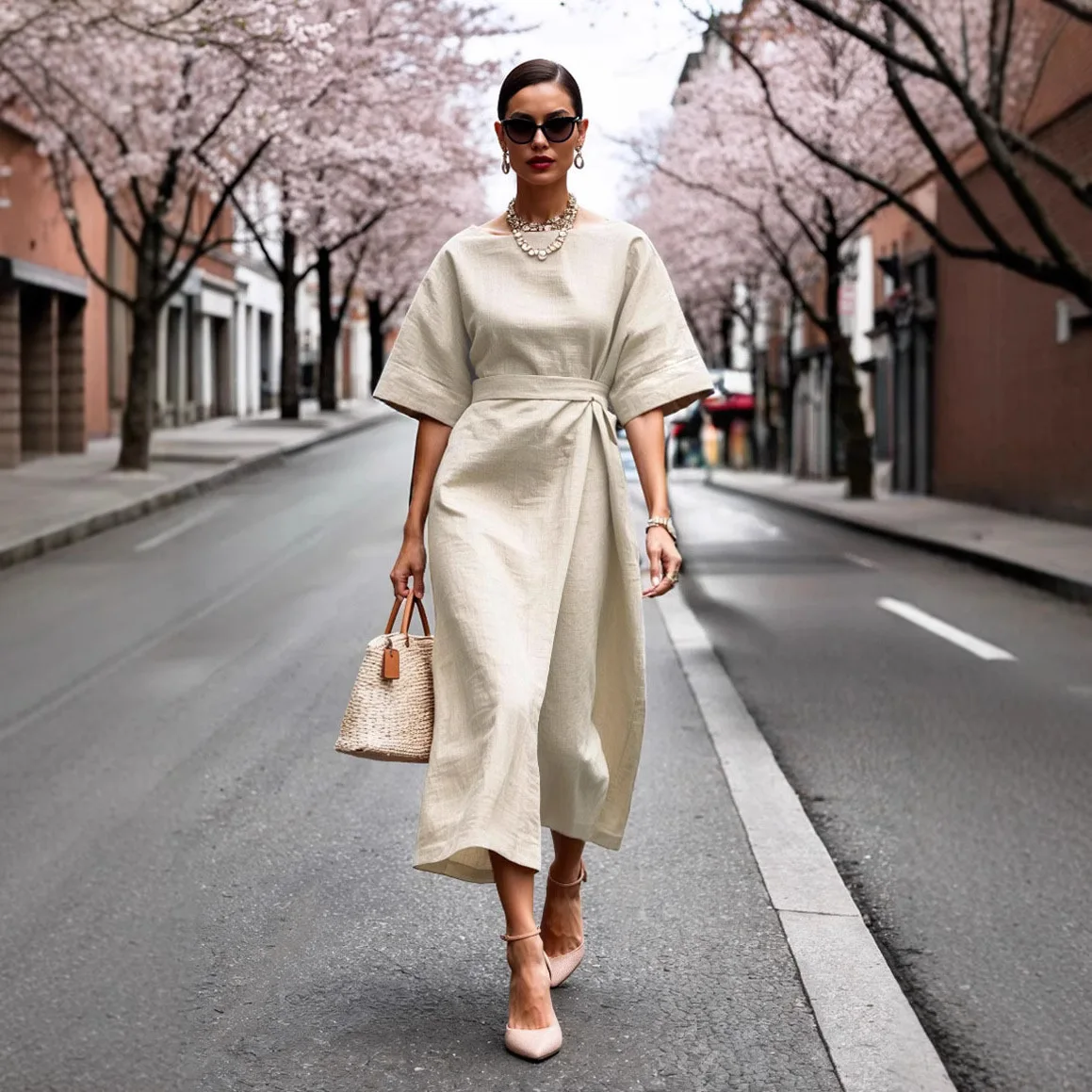 

Весенне-летнее женское модное и элегантное повседневное длинное платье с поясом и круглым вырезом, однотонное, для похудения, с высокой талией