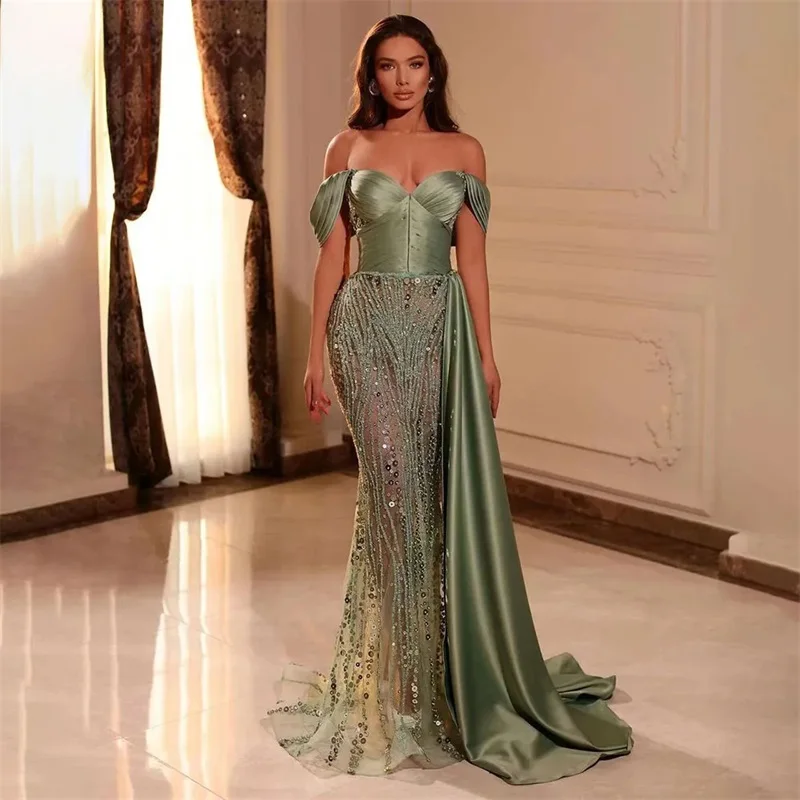 

Green Satin Mermaid Prom Dresses Overskirt Luxury Sequins Beaded Lace Sparkly Formal Pageant Party Gown Sexy Robes Custom Made