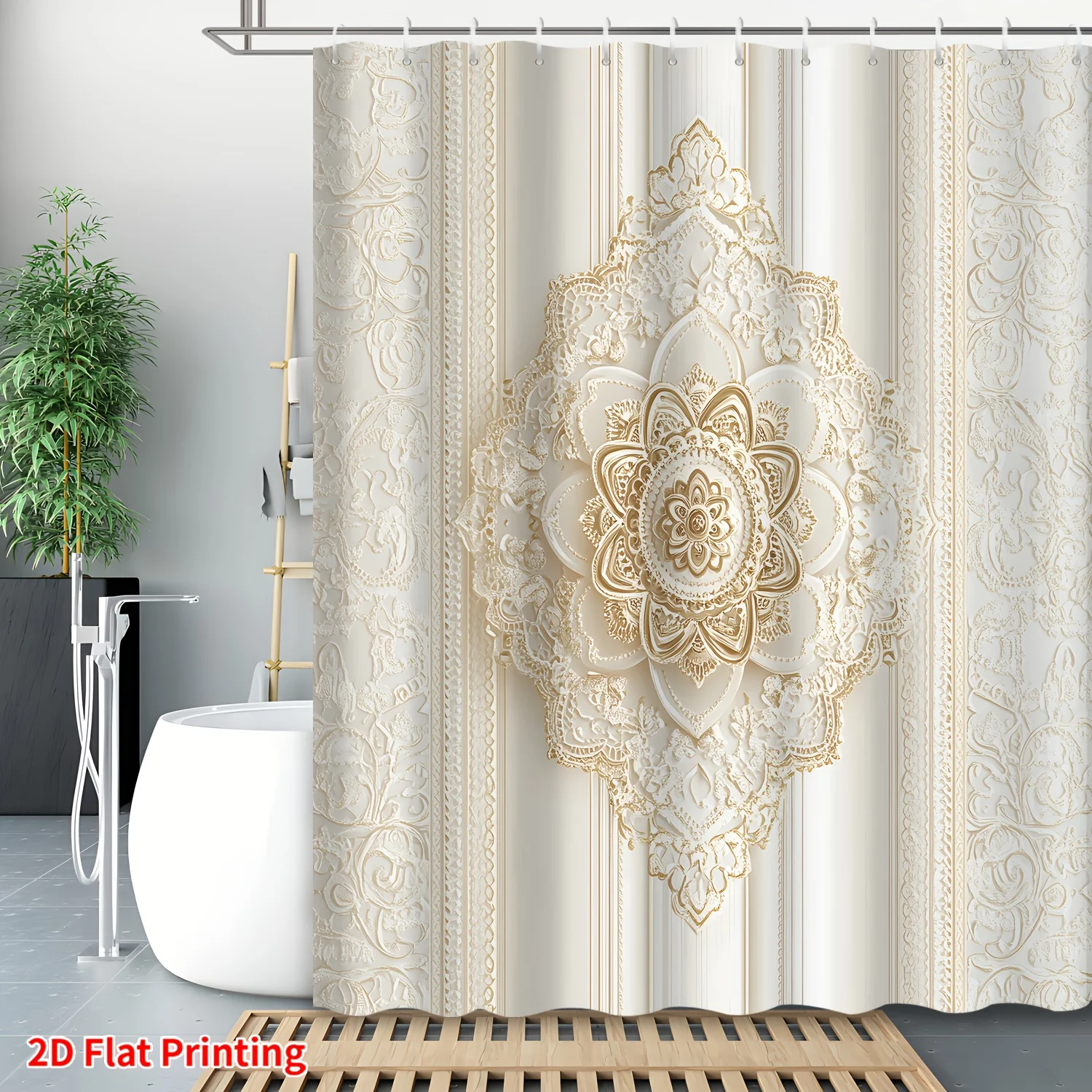 Beige Mandala Shower Curtain Waterproof Fabric Bathroom Curtains Gold Floral Pattern Bath Screen Divider Home Decor With Hooks