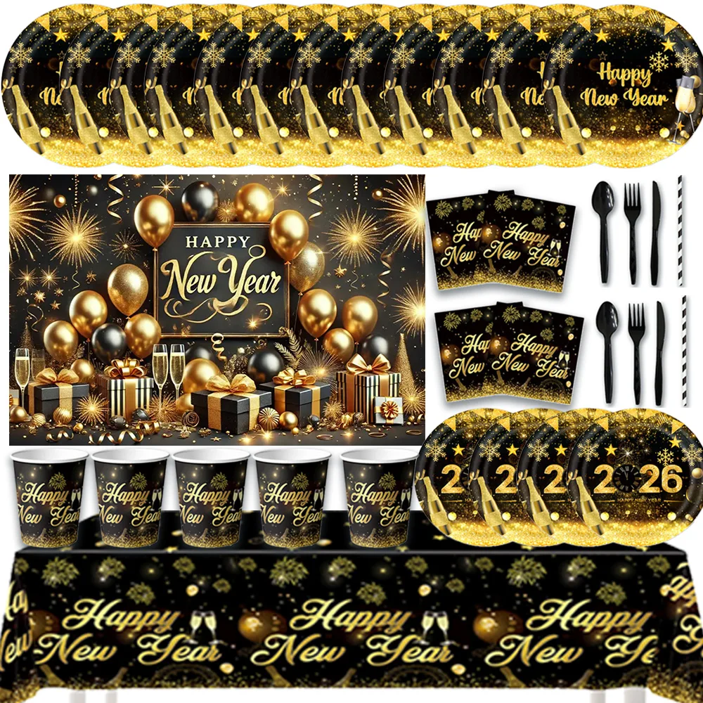 

Black Gold 2026 New Year Party Decorations Disposable Plates Cups Tablecloth Happy New Year Background Banner Party Supplies